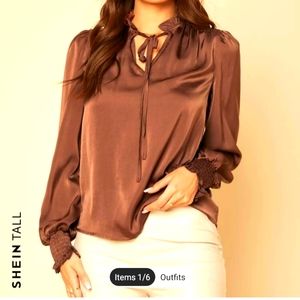 SHEIN Tall solid tie front shirred top/blouse bronze/brown shiny, silky